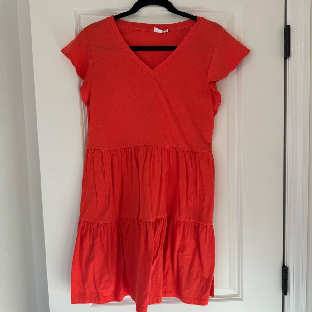 Gap Factory Tiered V-Neck Flutter Sleeve Cotton Tshirt Dress Red Poppy Sz M Pet